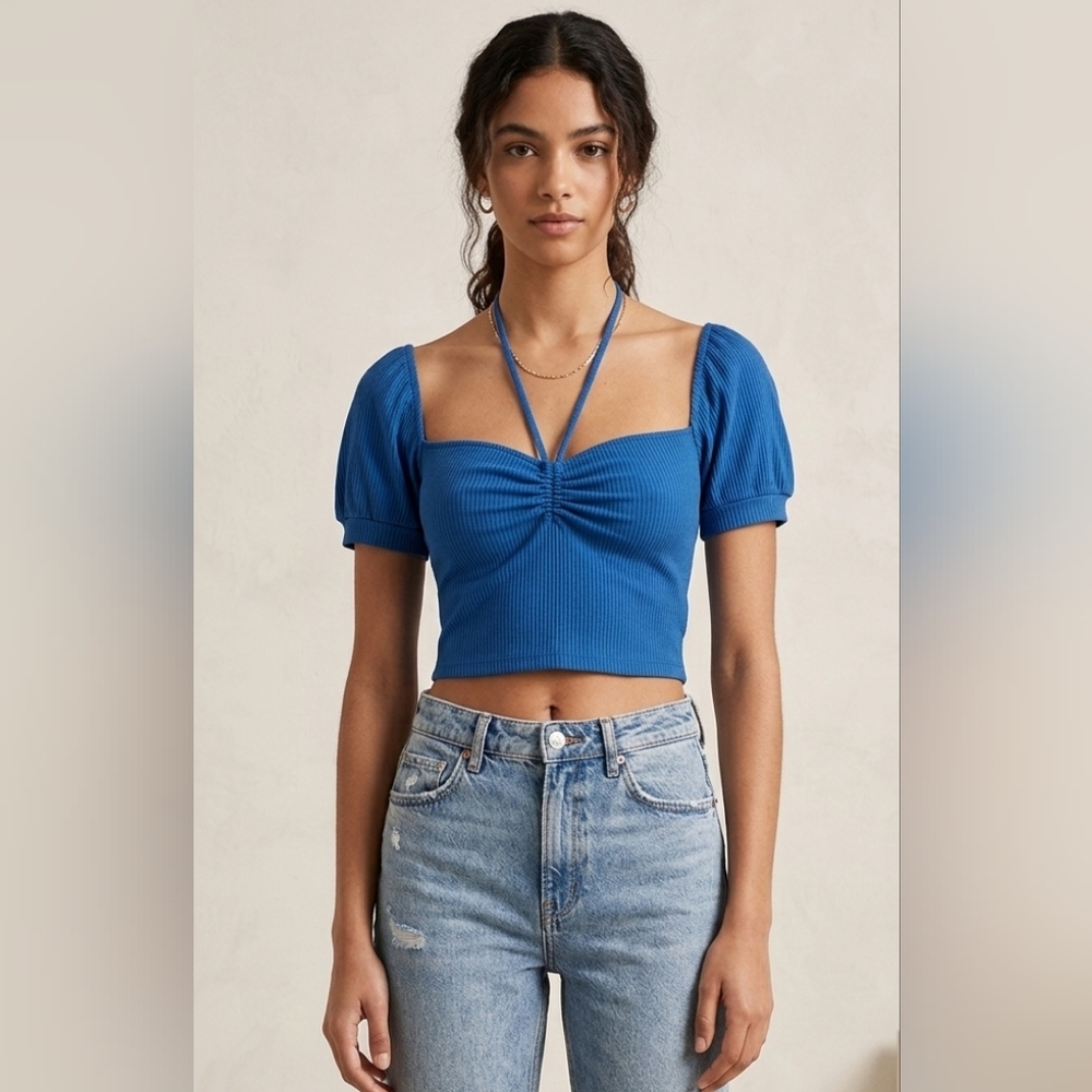 5 For $25✨️ Zara Womens Size Small Blue Rib Knit Halterneck Cropped Top Shirt